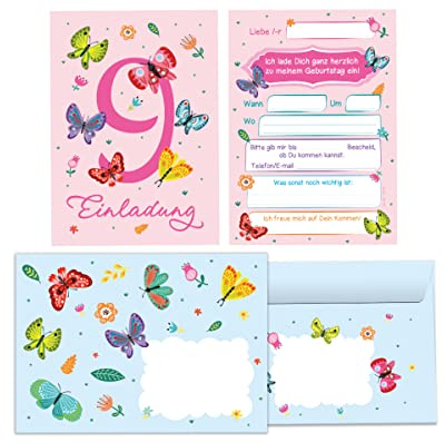 Junapack 12 Einladungskarten incl. 12 Umschläge zum 9. Kindergeburtstag neunte Geburtstag Mädchen Schmetterlinge