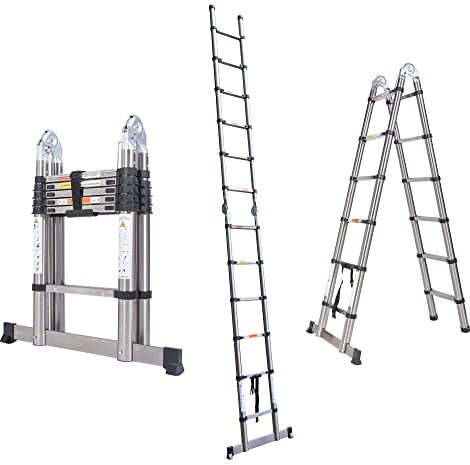 3,8M(1,9+1,9M) โEdelstahl Teleskop Klappleiter, Flexibel Teleskopleiter, Groosse Anwendbarkeit Multifunktionsleiter, EN131-zertifizierte, Maximale Tragkraft von 150kg