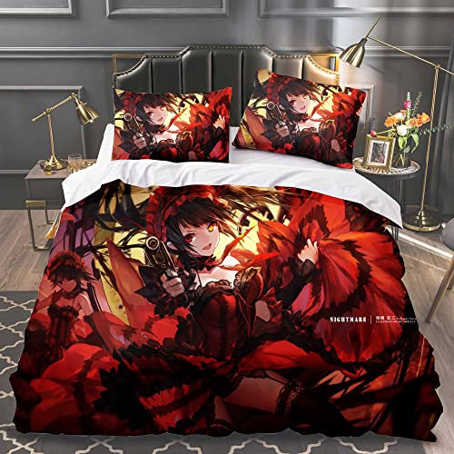 DATE A LIVE Bettwäsche-Set, 3-teilig, Tokisaki Kurumi, 3D-Digitaldruck, Bettbezug mit 1 Bettbezug und 2 Kissenbezügen