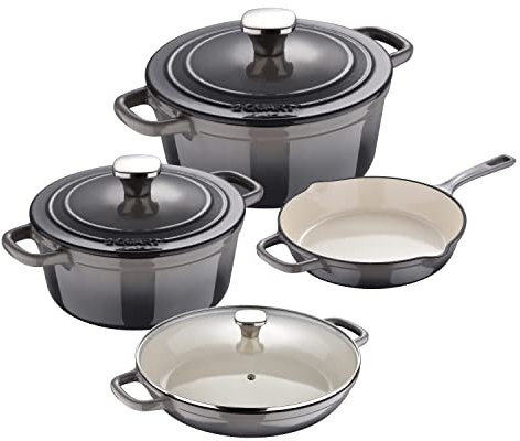 MasterPRO Unique|Batería de Cocina de 7 Piezas|Juego de Cocina 3 Cacerolas de 19, 27 y 30,5 cm con Tapas y 1 Sartén de 24,5cm|Hierro Fundido|Para Todo Tipo de Cocinas|Juego de 3 Cacerolas + 1 Sartén