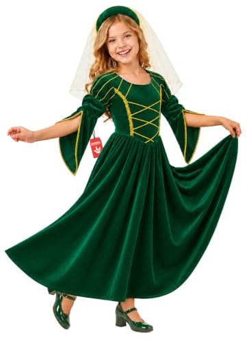 Fun Shack Mittelalter Kostüm Mädchen, Historisches Halloween Kostüm | Rock, Jacke & Hut, Grünes Burgfräulein-Design, Zum Überziehen, Perfekt für Halloween, Ideal für Rollenspiele