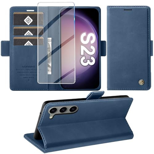 Giyer Handyhülle für Samsung Galaxy S23 5G Hülle mit Schutzfolie, Standfunktion Kartenfach Wallet Premium Leder Schutzhülle S23 5G Flip Case Cover Stoßfeste Klapphülle S23 5G 6.1 Zoll (Blau)