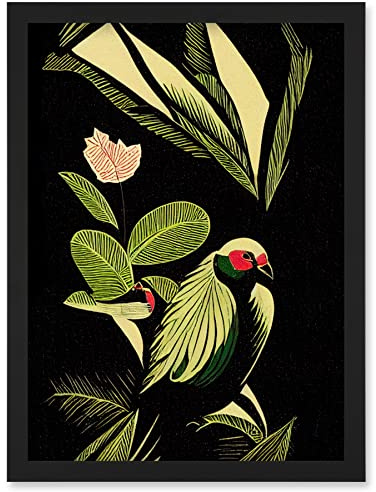 Wee Blue Coo Green Black Modern Vintage Tropical Plant Leaves with Bird Artwork Framed Wall Art Print A4