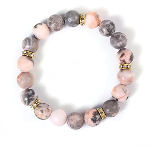 KINBOM Racelet Perles Naturelles Femme, Perles de Zèbre Rose Givré Bracelet Perles Naturelles Élastique Fait à la Main Bracelets en Cristal Bracelet de Guérison avec 5 Bijoux à Paillettes Dorées
