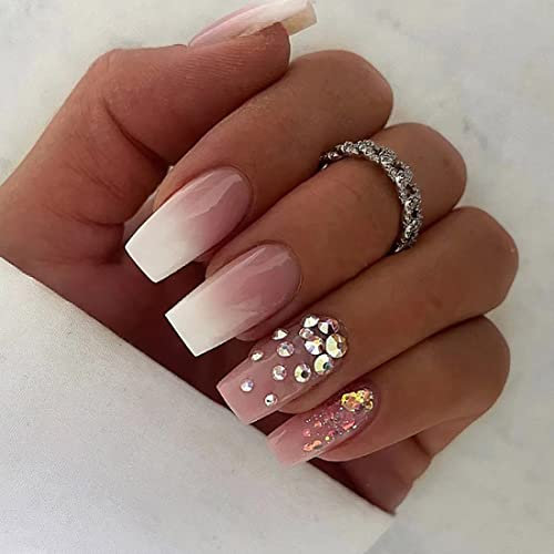 JUSTUSNX Lot de 24 faux ongles carrés en strass rose et blanc dégradé papillon paillettes à presser pour femmes et filles (C)