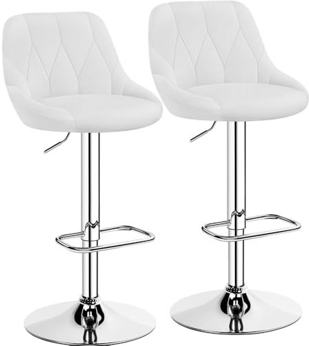 Yaheetech Lot de 2 Tabourets de Bar en Similicuir Hauteur Réglable de 86 cm à 107,5 cm Chaises de Bar Assise Pivotante Repose-Pied Carré Tabourets Hauts Cadre Métallique Galvanisé Blanc