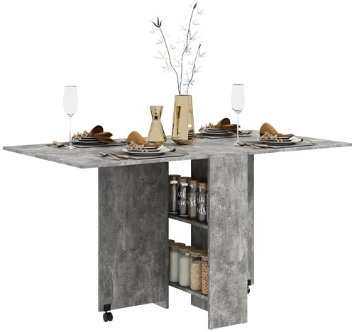 HOMCOM Folding Dining Table, Drop Leaf Table with 2-Tier Shelves, Rolling Casters, for Small Spaces, Kitchen, Cement Grey