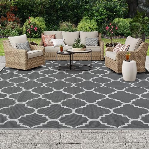 OIGAE Alfombra de exterior para jardín, grande, impermeable, reversible, resistente a las manchas, ligera, para picnic, playa, plegable, caravana, camping (gris, 150 x 240 cm)