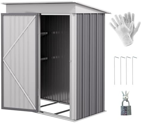 Outsunny 5x3ft Garden Shed, Steel Small Shed, Outdoor Lean-to Shed with Adjustable Shelf, Lock and Gloves for Patio, Garden, Grey with Foundation Kit