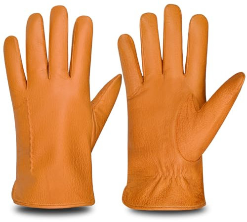 Harssidanzar Herren Hirschleder Lederhandschuhe für kaltes Wetter, warme Winterhandschuhe, HM003US, Hellbraun, Medium