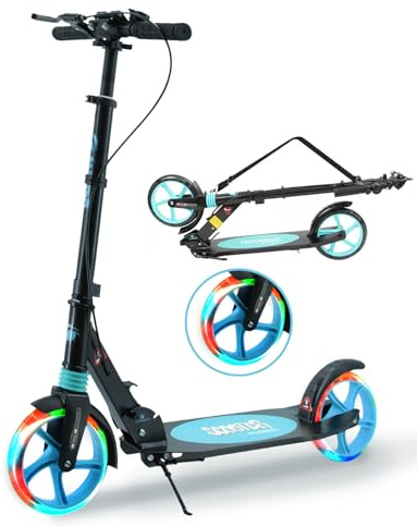 Hyiatyo Scooter for Kids 8-12 Teens & Adults with Handbrake- LED Flashing Wheels, 100kg Capacity, Adjustable Height Big Wheels City Scooter