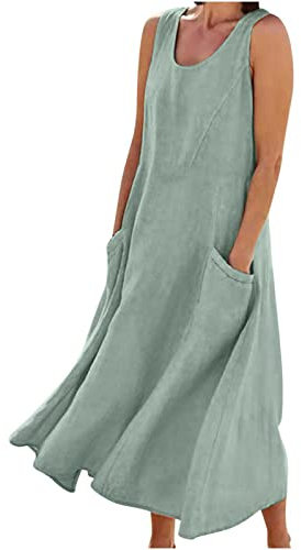 Langes Sommerkleid für Damen, Baumwolle, Leinen, ärmellos, elegant, fließend, Übergröße, locker, bequem, mit Taschen, #06 Grün, 4X-Groß