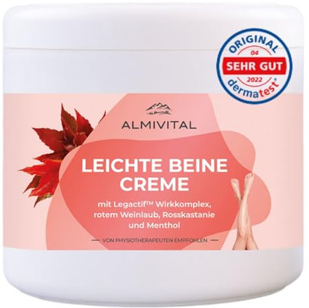 ALMIVITAL Crema per gambe leggere con foglie di vino rosso & Complesso attivo LegActif™ | Crema nutriente per gambe e piedi con formula naturale | Non grassa | Ravviva le gambe stanche e danneggiate |