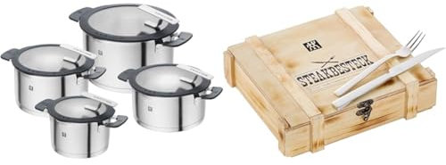 ZWILLING SIMPLIFY 66870-004-0 Pots set Stainless steel 4 pcs. Silver Black & Juego de cubiertos para bistec para 6 personas, 12 piezas, 6 cuchillos y 6 tenedores
