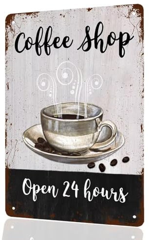 Coffee Shop Schild Open 24 Hours, 20,3 x 30,5 cm, Vintage-Stil, Wanddekoration für Kaffee-Ecke, Café, Küche, Kaffeekanne, Restaurant