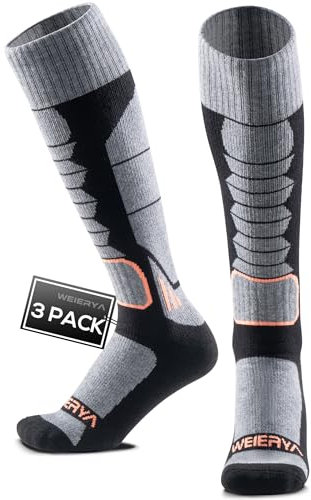WEIERYA Skisocken,Thermische Gepolsterte Ski Socken für Skifahren,Snowboarden,Outdoor Wintersport für Herren Damen,Schwarz 3 Paar (41-44)