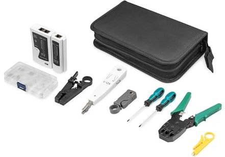 DIGITUS LAN Netzwerk Werkzeug-Set - Netzwerktester - Crimpzange - Schneide- & Abisolierwerkzeug - LSA Auflegewerkzeug - Schraubendreher - Nylon-Tragetasche