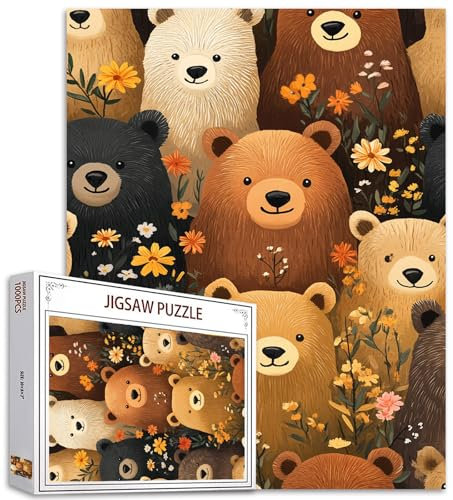 Cute Bear Puzzles for Adults 1000 Pieces,Bohemian Flower Animal Jigsaw Puzzles Collection Animal and Plant, Retro Style Puzzle Challenging Puzzle Perfect for Game Night