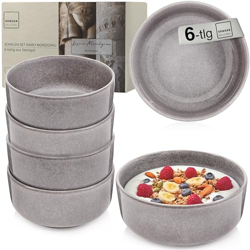 SÄNGER Kairo Mondgrau | Steingut Schüssel Set 6 teilig, Müslischalen für 6 Personen, Schalen, kratz- mikrowellen- spülmaschinenfest, Kleine Schüsseln Dunkelgrau Schalen 800 ml | VALUE COLLECTION