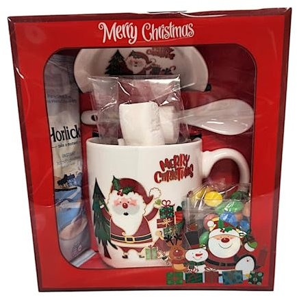 Christmas Assorted Treats Gift Hamper Holiday Mug & Treat Set with Hot Chocolate, Marshmallows, Chocolates, and Festive Mug Saucer Spoon