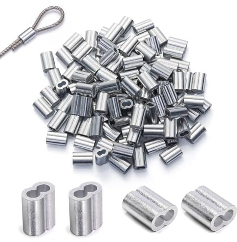 50 Stück Seilklemmen, Quetschhülsen, Aluminium Crimpschlaufe Vorgeformte alu Pressklemmen, Drahtklemmen Doppelhülsen für Gummiseil 8mm Expanderseil, Würgeklemmen (0,78 x 0,48 Zoll)