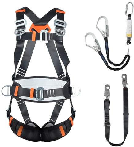 WingFly Fallschutz Auffanggurt, Absturzsicherung Sicherheitsgurt Set, Upgrade 5 Punkt Vollkörper Auffanggeschirr, mit 2 Haken, Fallschutz Sicherheitsseil mit Puffer, Tragfähigkeit 150 kg