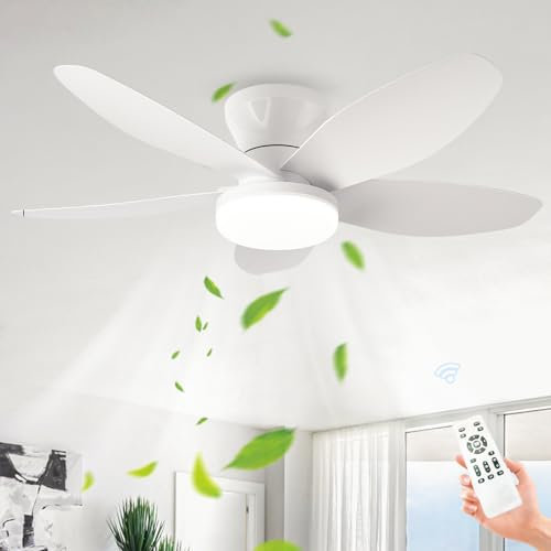 LASANYA Ventilateur de Plafond avec Télécommande avec Éclairage Salon Dimmable Silencieux Luminaire Ventilateur Plafonnier À 5 Pales Moteur DC Lampe Ventilateur de Chambre, Réversible-White-88CM