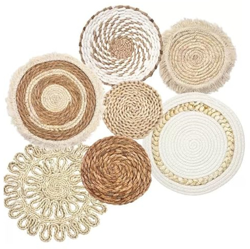 Pastoralist hanging Woven Wall Basket Decor, Boho Wall Baskets 7Pcs/Set Different Size & Style Boho Basket Decor Straw Woven & Round Decorative Art for Living Room, Bedroom, Farmhouse, Nursery