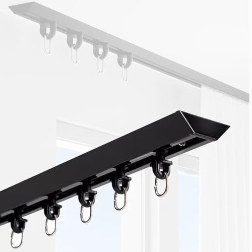 Selbstklebende MetalTrack mit Haken & Endkappen - Ohne Bohren Installation für Schlafzimmer, Camper, Haustür Sichtschutz - Deckenhalterung, Ideal für Vorhänge & Jalousien - Schwarz
