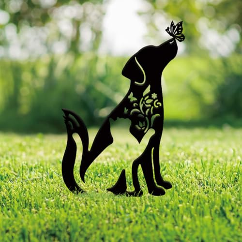 SUPERDANT Katzen Und Hundedekor Metall Gartendekor Mit Hund Und Schmetterling Schwarze Silhouette Außendekor Katze Und Flowern Zaunpfähle Dekorative Wandkunst Für Bauernhof Rasen Terrasse Geschenke