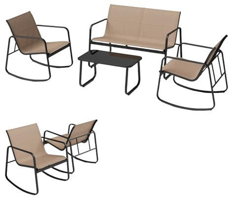KOMFOTTEU Juego de Muebles de Bistró 4 Piezas, Conjunto de Jardín con 2 Sillas Mecedoras, 1 Sofá y 1 Mesa de Cristal, Juego de Conservación para Terraza, Patio, Balcón (Marrón)