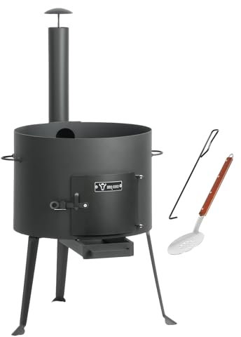 BBQ-Toro Kazan Ofen Ø 44 cm | Gulaschkessel mit Schaumlöffel und Schürhaken | Outdoor Ofen mit Rohr, Feuerkessel | Feuer-Ofen, Eintopfofen, Feuerstelle, Kazan-Gestell, Utschak, Dreibein
