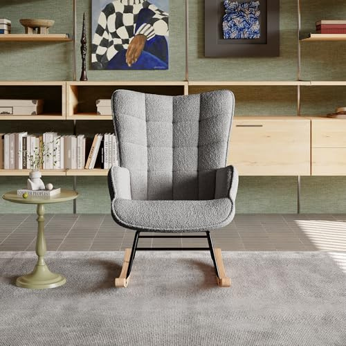 TIMORWTF Schaukelstuhl, gepolsterter Stillsessel, karierte Rückenlehne, Füße aus Massivholz, Schaukelstuhl für Wohnzimmer, Schlafzimmer, Büro, Velours, Dunkelgrau