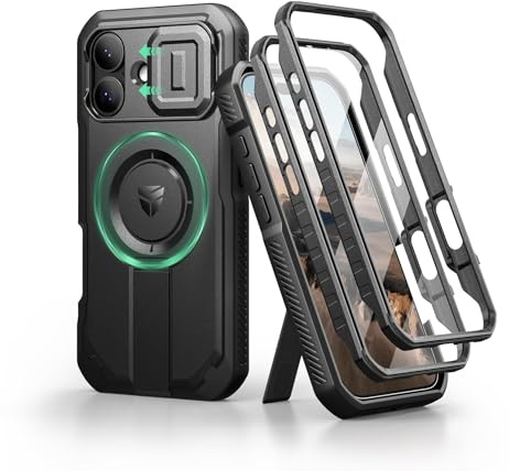 Dexnor Kompatibel mit iPhone 17 Hülle mit Kameraabdeckung Schieben & Einstellbarer Kickstand & Integrierter Displayschutz, Robuste stoßfeste Bumper Heavy Duty Mangetic Schutzhülle - Schwarz