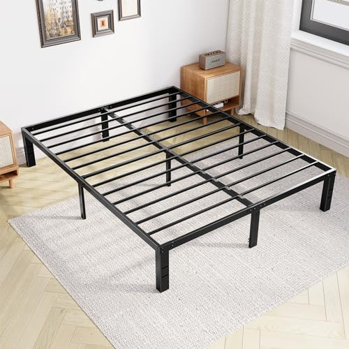 Queen-Size-Bettrahmen – Metallplattform-Bettrahmen, Matratzenfundament mit Stahllattenstütze, kein Boxspringbett erforderlich, Stauraum unter dem Boden, einfache Montage, Schwarz