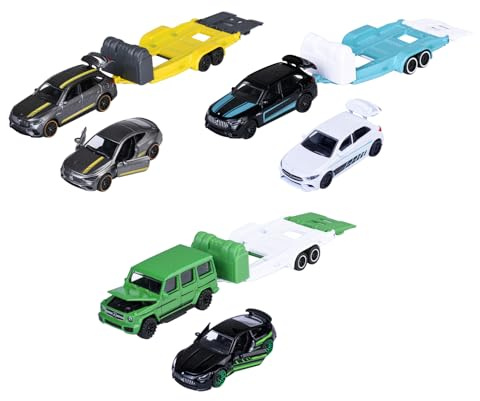 Majorette Autos Mercedes-AMG Deluxe Trailer (Set of 3 Model Cars) - 2 Metal Toy Cars with Freewheel and 1 Trailer, Random Selection of 3 Car Sets for Children from 3 Years, 19 cm