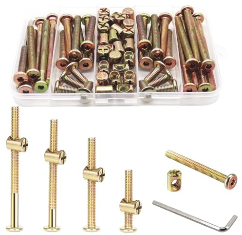 52pcs Bed Bolts, M6 Hex Drive Socket Cap Barrel Screws Bolt Nuts | Assortment Kit M6 X 40/50/60/70/80 mm with M4 Wrench Storage Box for Furniture Bed, Gold