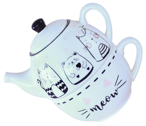 BIUDECO Adorable Cat Printed Ceramic Teapot Cup Set with Saucer Lovely Black and White Tea Pot Kit for Home and Office Decor Gift for Tea Lovers and Housewarming Parties