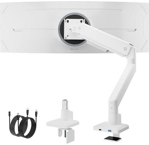 monTEK Support de bureau simple pour écrans de 17 à 45, support de moniteur réglable en hauteur, peut supporter 16 kg, inclinable, pivotant et rotatif, VESA 75/100 mm, blanc, avec port USB