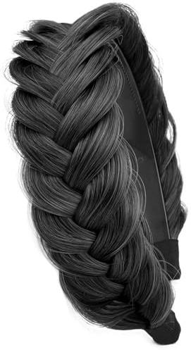 Serre-tête tressé, bandeau cheveux chunky tressé, extension cheveux pour filles et femmes (Noir)