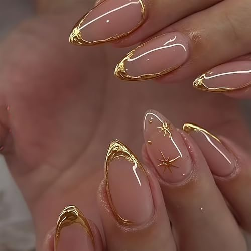 Tastetreasure Press on Nails Lot de 24 faux ongles à coller French Design en forme d'amande avec lignes dorées 3D et étoiles Rose nude pour femme