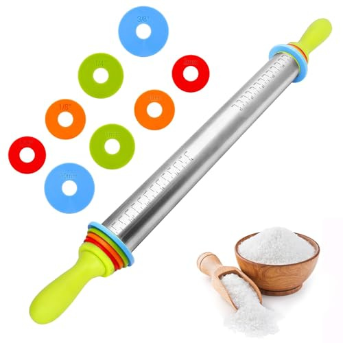 FuYelng Verstellbarer Nudelholz Edelstahl mit Griff, 61 × 6,5 cm Teigroller mit Abstandshalter Nudelholz mit Abnehmbare Ringe Backzubehör Rolling Pin, für Pizza Cookie Gebäck Teig Pie Crust
