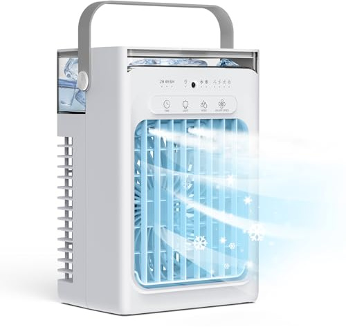 ROVLAK Klimaanlage Mobil mit 1000ml Wassetank, Tragbare Luftkühler mit Wasserkühlung mit 4 Geschwindigkeiten, 2 Sprühmodus, Timer, Fernbedienung, RGB-Licht Ventilator für Schlafzimmer, Büro, Camping
