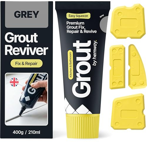 Hemway Grey Grout Reviver Kit 400g with 4 Piece Profiling Tool Kit | Ready Mixed Grout Repair 400g / 210ml, Wall & Floor Tile Adhesive, Kitchen Bathroom Shower, Anti-Mould, Fast Drying