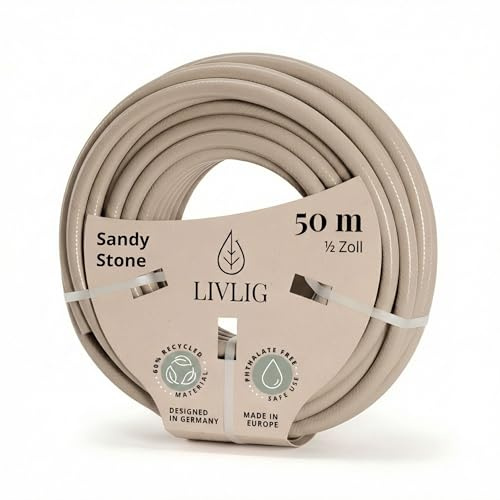 LIVLIG Gartenschlauch 1/2 Zoll 50m Beige, Premium Bewässerungsschlauch | Design Gartenschlauch Beige aus 60% Recyclingmaterial, UV-beständig und wetterfest, Schlauch für Gartenbewässerung