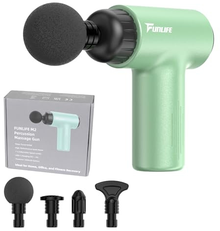 FunLife M2 Mini Massagepistole – 6 Stufen, USB-C, Mint Green | 12 mm Tiefenmassage mit 4 Massageköpfen. Leise, nur 0,5 kg und ideal für Sport, Reisen, Büro und Zuhause.