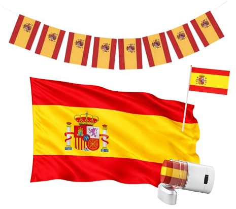 Bandera España 140x90 cm, Guirnalda 4 m, Bandera de Mano y Pintacaras, Accesorios Afición Pack España Completo