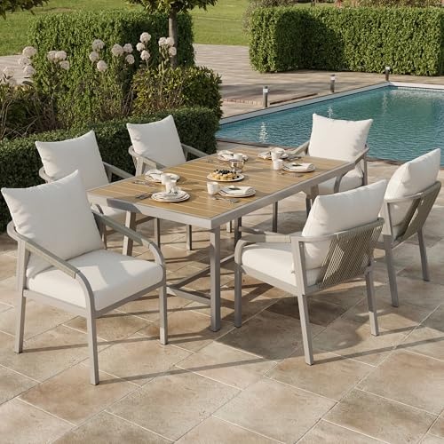 gonew21 Essgruppe Gartenmöbel Set für 6 Personen – Mit Tisch & 6 Stühlen, WPC Tischplatte in Holzoptik, verzinktem Stahlrohr, Seilgeflecht, wetterfest für Terrasse, Balkon & Garten