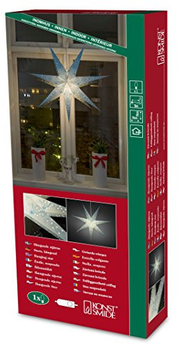 Konstsmide Blauer Papierstern, perforiert und blau bestickt, 7 Zacken, inkl. Anschlusskabel mit an/aus Schalter, ohne Leuchtmittel, E14 Lampenhalterung, 230V, Innen, weißes Kabel - 2982-400