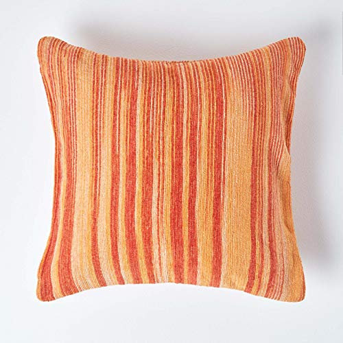Homescapes Chenille-Kissenhülle in Streifen-Optik aus 100% Baumwolle, orangener Farbverlauf, Kissenbezug 60 x 60 cm für Zierkissen/Sofakissen mit Reißverschluss